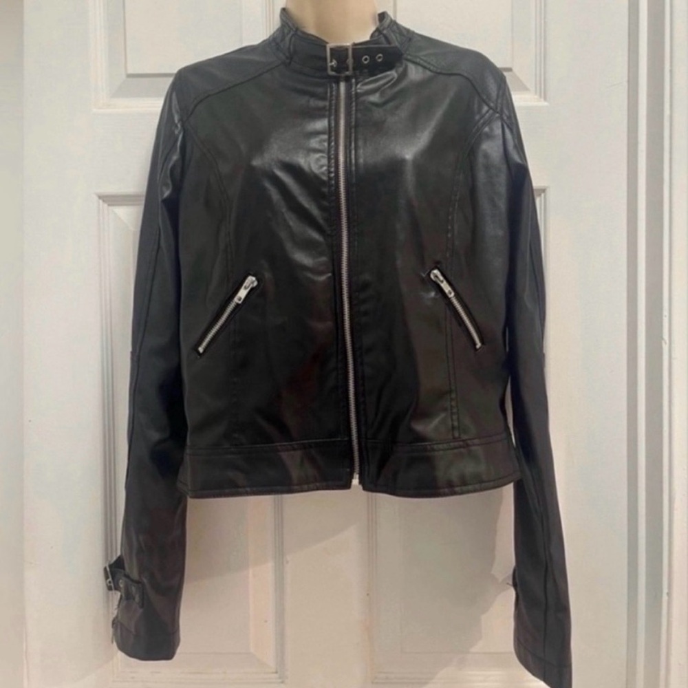 Poetry Clothing Black Faux Leather Vegan Motorcycle Jacket - Edgy - Large -EUC